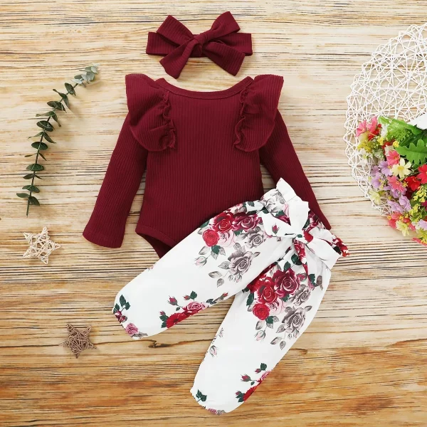 Conjunto 3 Peças Longo Bordô Rosas